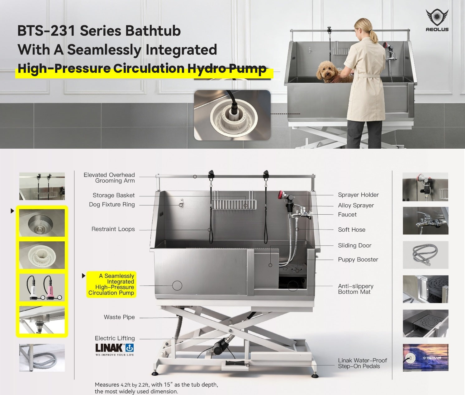 BTS 231E Stainless Steel electric lift dog bath with hydro pump
